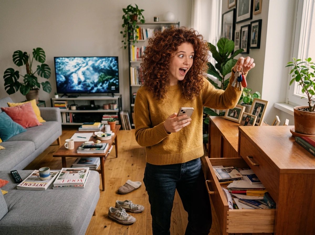 Smiling young woman in her living room holding up the keys she just found, iPhone in hand, drawer open
